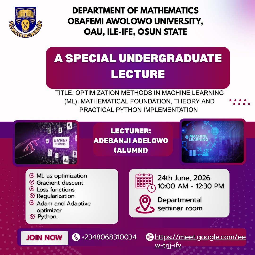Flyer for the special undergraduate lecture on optimization methods in machine learning